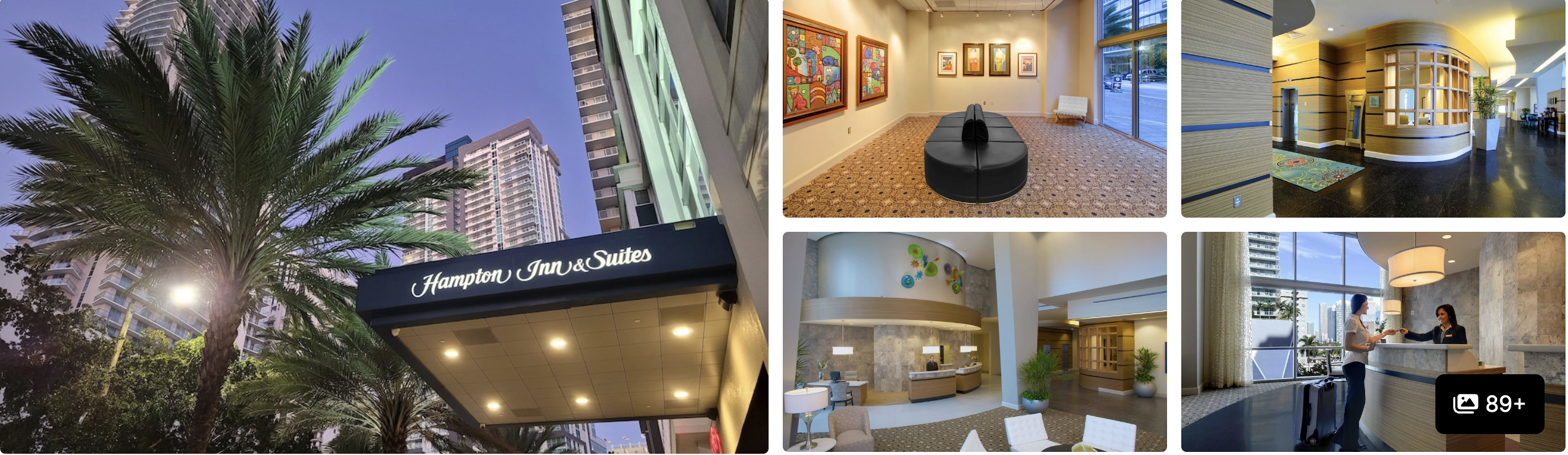 Photos of Hampton Inn & Suites Brickell-Downtown Miami: palm-lined entrance sign, art lobby, reception and breakfast area