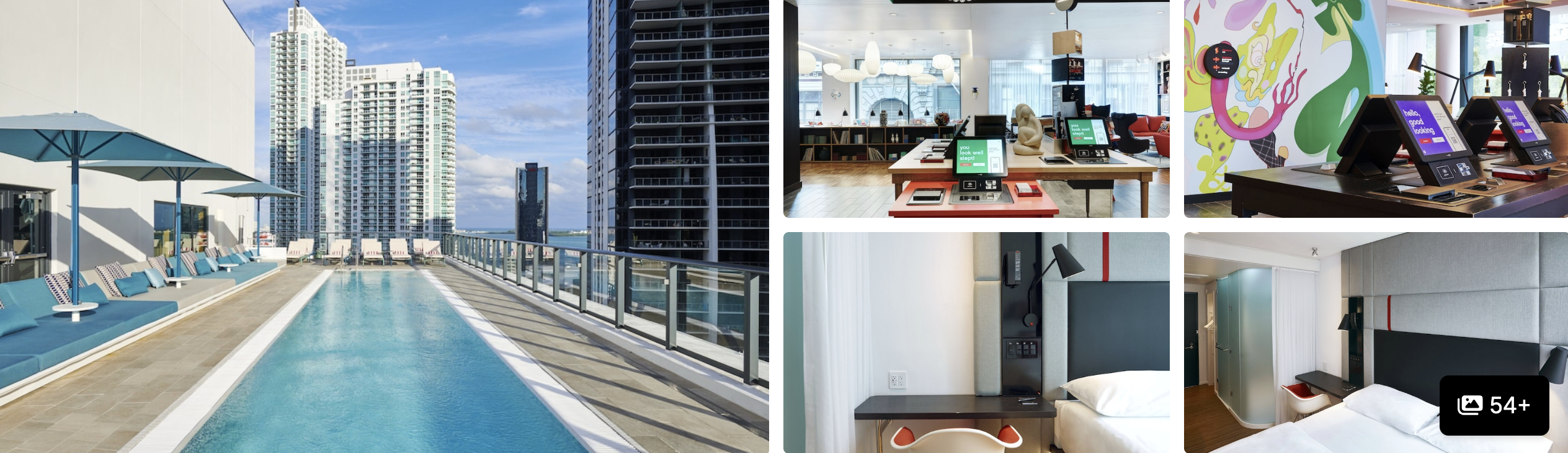 Photos of citizenM Miami Brickell: rooftop pool deck over Brickell skyline, colorful self-check-in lobby and compact rooms