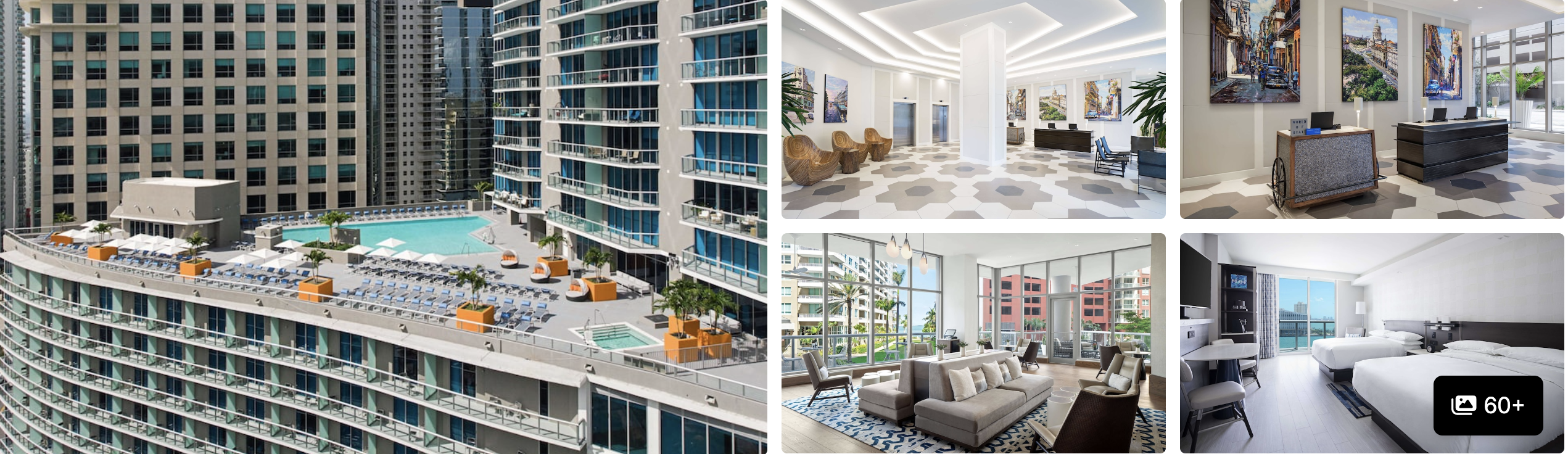 Photos of Hyatt Centric Brickell Miami: high-rise with pool deck, atrium lobby, reception desk and living room with bay view