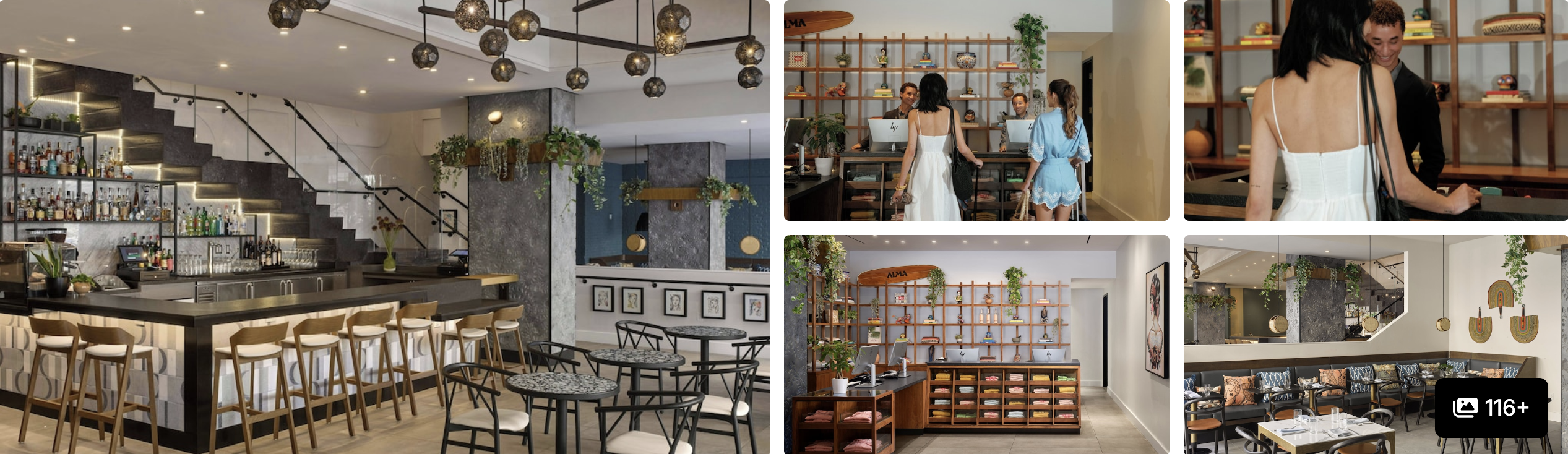 Photos of Alma San Diego Downtown, a Tribute Portfolio Hotel: stylish bar-and-stair lounge, plant-filled dining and cafe