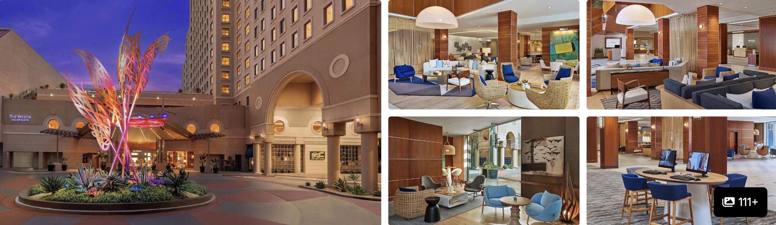 Photos of The Westin San Diego Gaslamp Quarter: grand hotel entrance with sculpture, spacious lobby lounges and seating