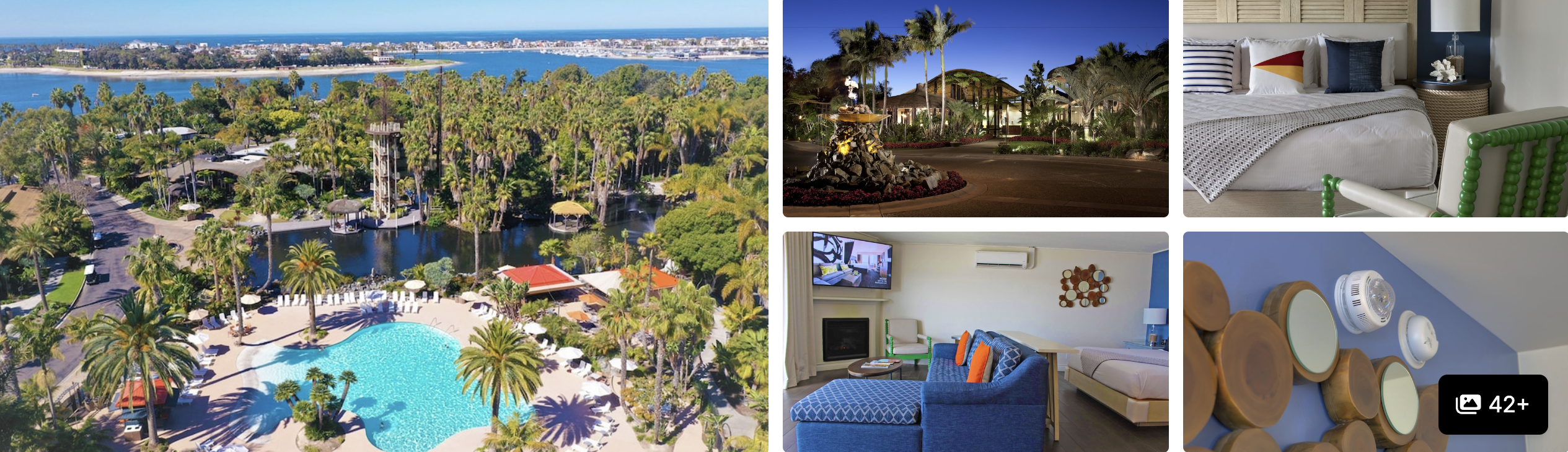Photos of Paradise Point Resort, San Diego: palm-lined bayfront grounds with pool and bright bungalow guest rooms
