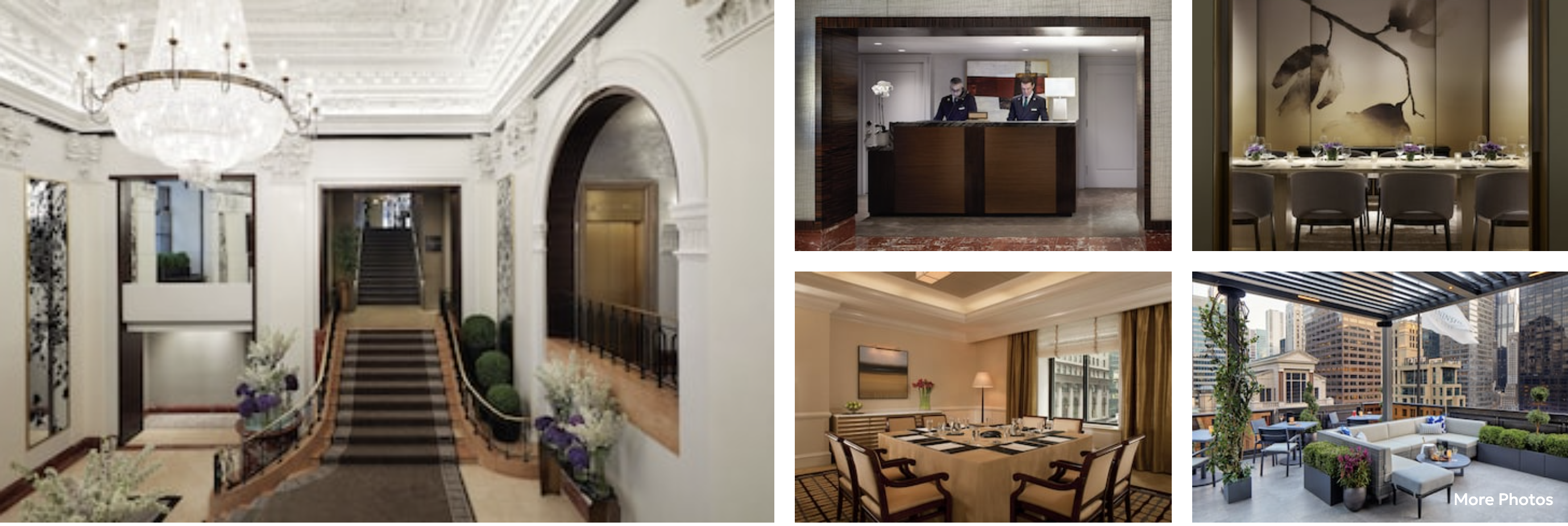 Photos of The Peninsula New York: chandelier-lit grand staircase lobby, reception, private dining and rooftop terrace