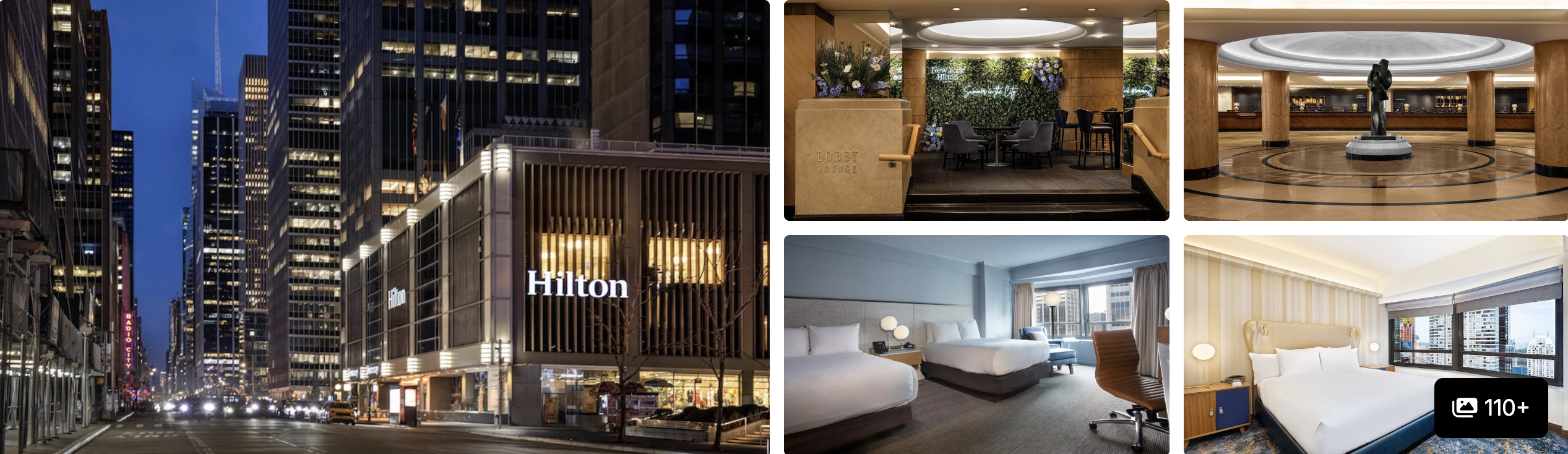 Photos of Hilton Midtown New York: lit tower on a city street, lobby with statue, guest rooms with desks