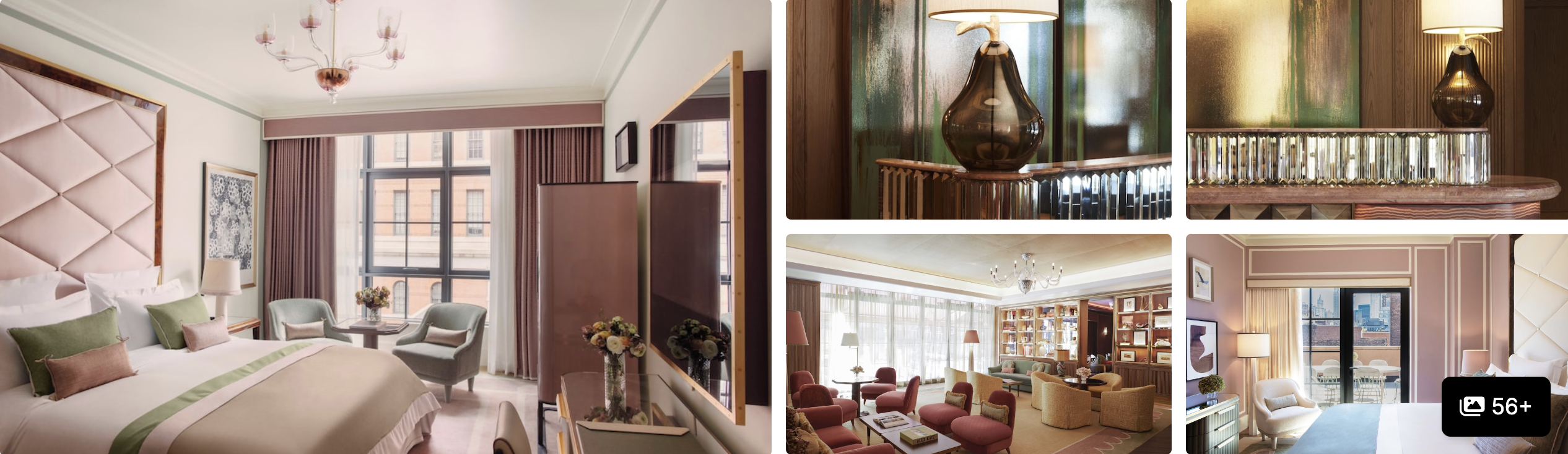 Photos of Fouquet's New York: pink upholstered guest room, brass bar detail, library lounge and suite seating