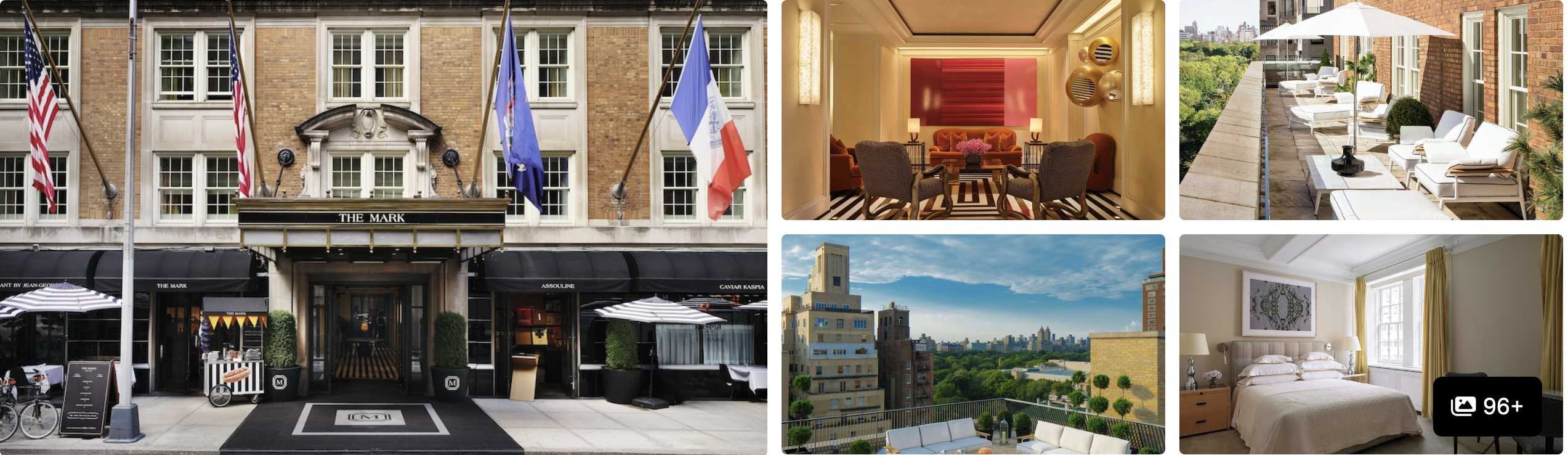 Photos of The Mark Hotel New York: flag-lined entrance, red sitting room, planted terrace, park view and guest room