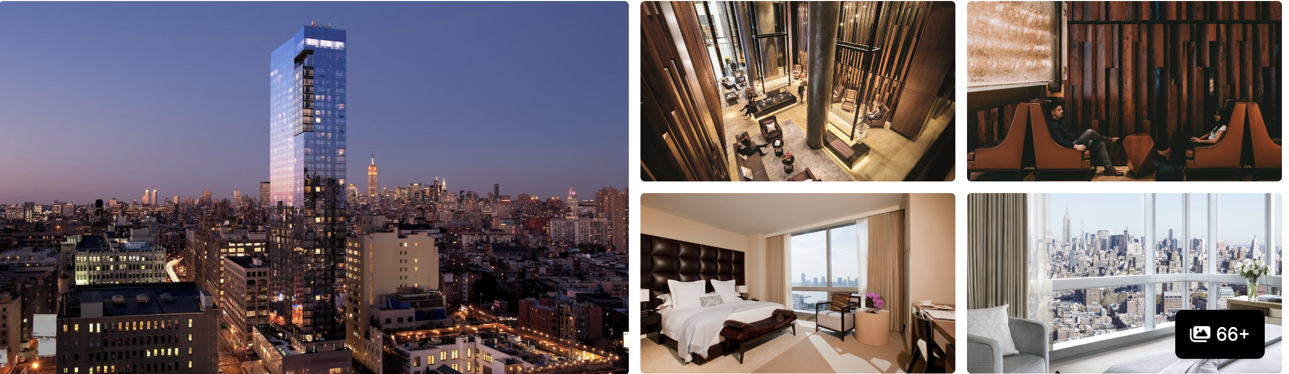 Photos of The Dominick Hotel SoHo New York: glass tower over the skyline at dusk, lobby, guest room and city-view suite