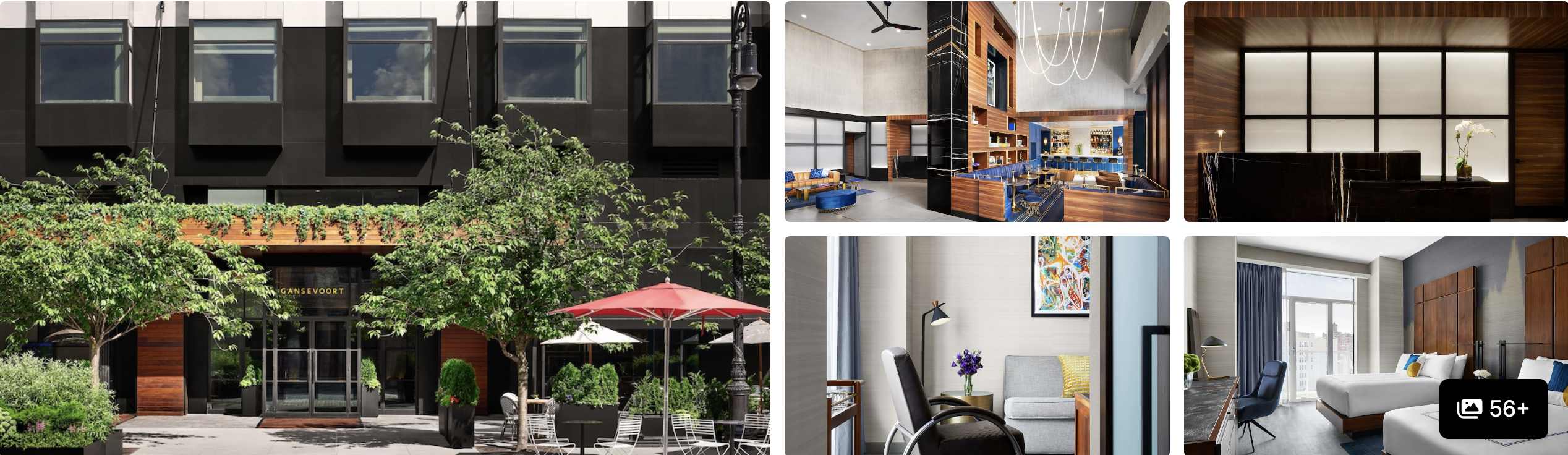 Photos of Gansevoort Meatpacking NYC: dark exterior with sidewalk cafe, bright bar and lounge guest areas