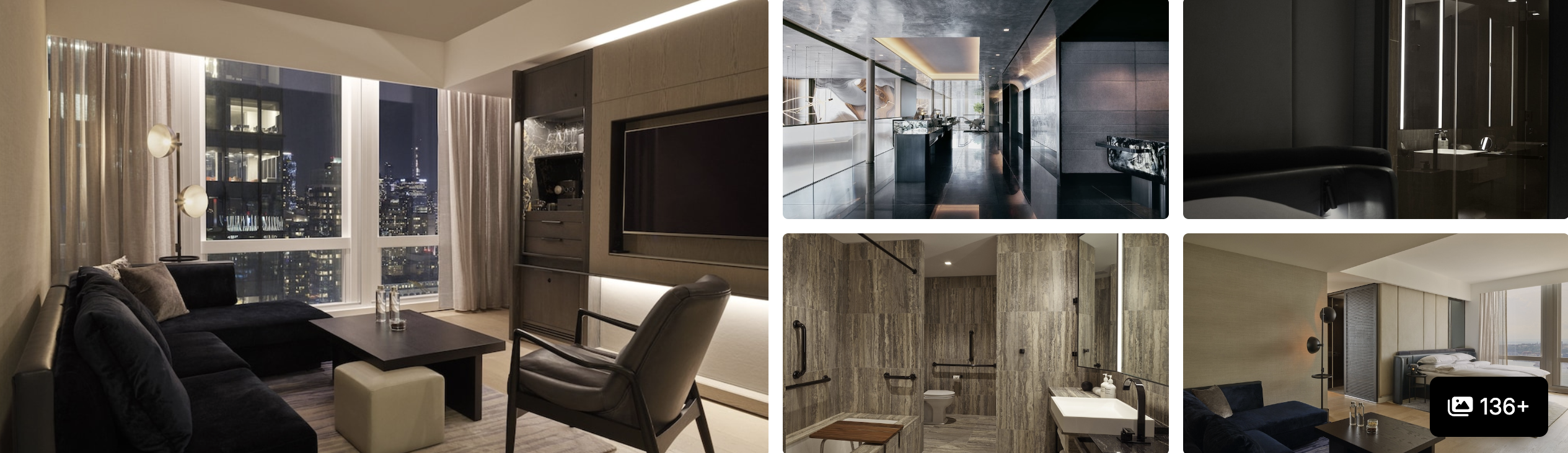 Photos of a New York hotel suite with floor-to-ceiling city views, dark lounge area and stone-tiled bathrooms