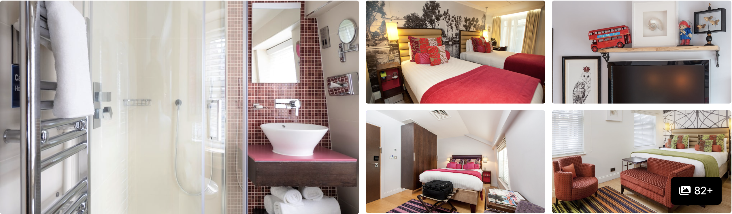Photos of Novotel London Paddington: tiled bathroom with shower, guest rooms with red accents and London bus decor