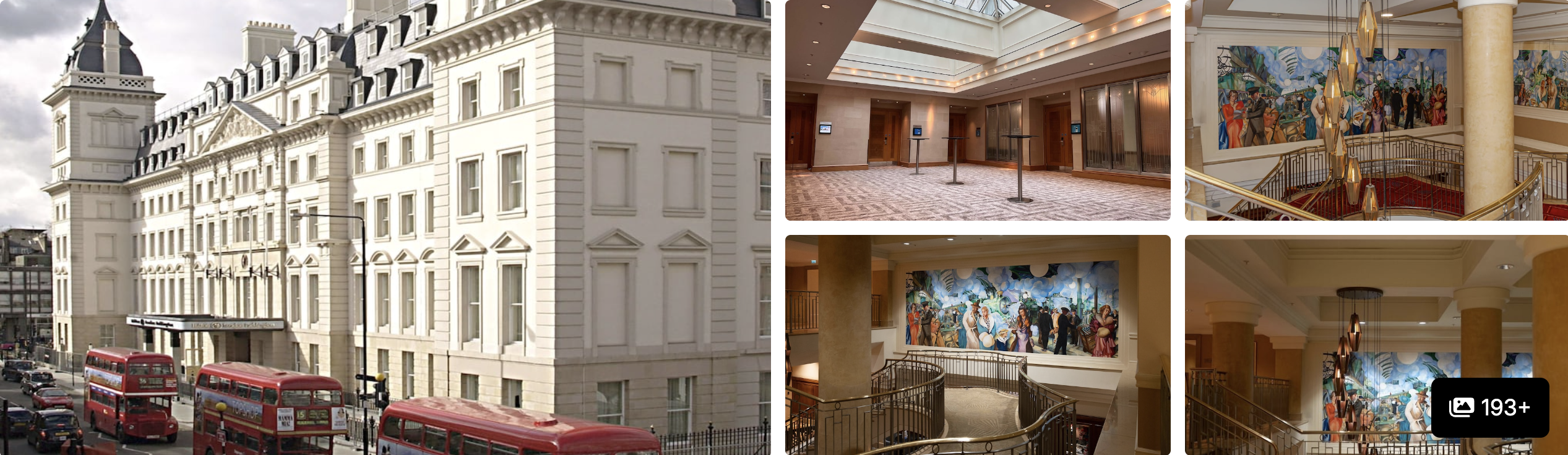 Photos of a London hotel near Paddington: white stone facade with red double-decker buses, grand lobby and muraled stairway