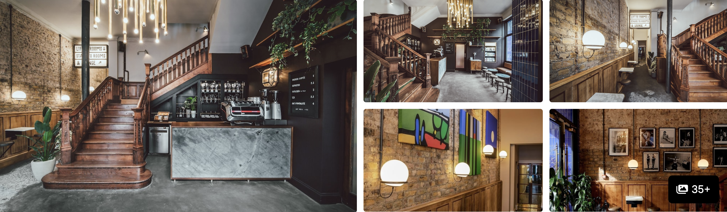 Photos of a boutique eco hotel near Paddington: wooden staircase by a marble cafe bar, lounges and exposed-brick interiors