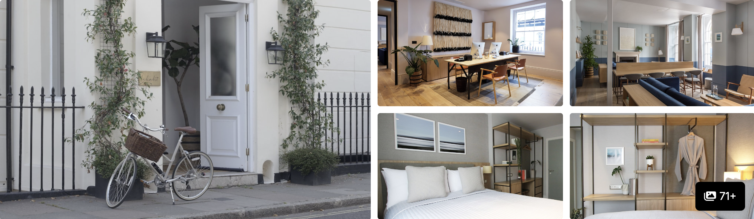 Photos of The Pilgrm, London: townhouse entrance with bicycle, communal workspace, dining area and minimalist bedrooms