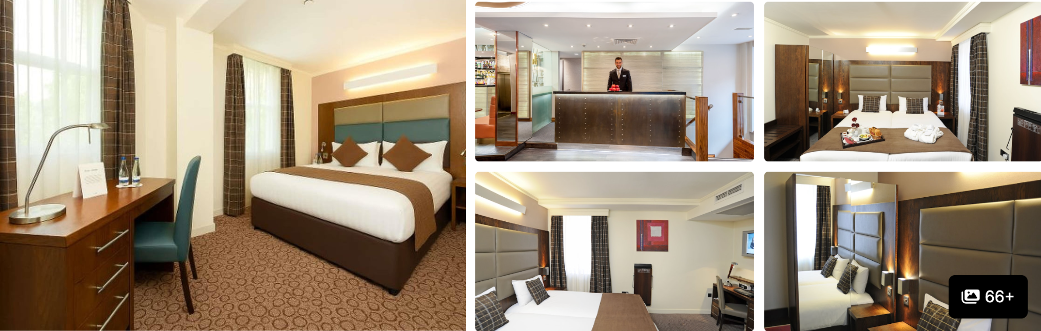 Photos of a London hotel near Paddington: desk and bed in a brown guest room, reception lobby and additional bedrooms