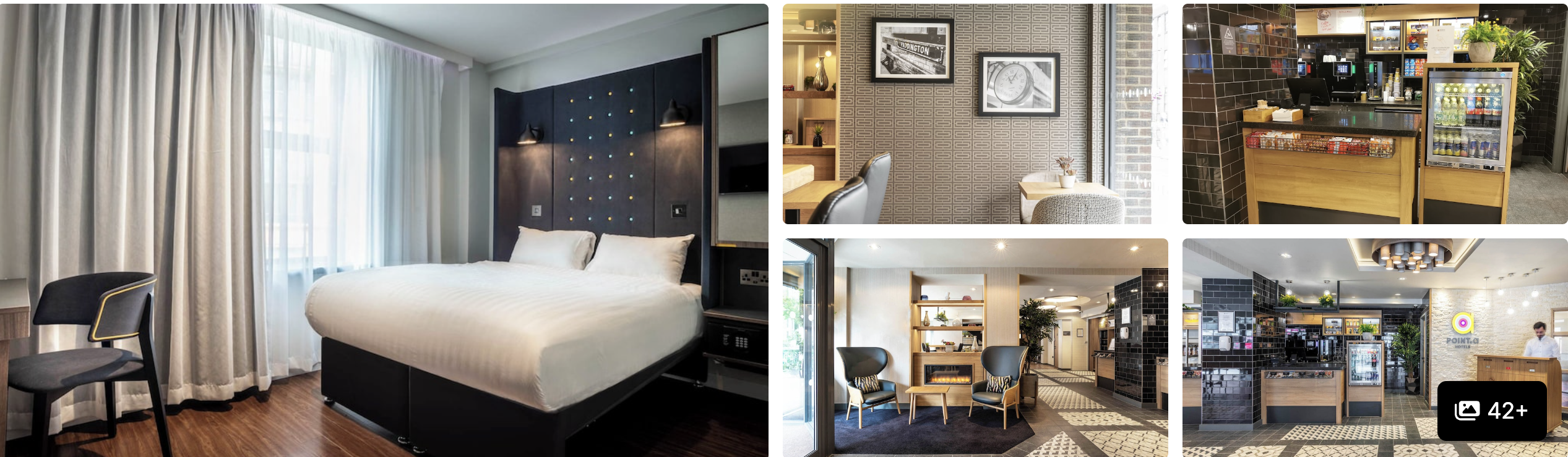 Photos of a budget-friendly London hotel near Paddington: dark-headboard guest room, lobby, cafe seating and entrance
