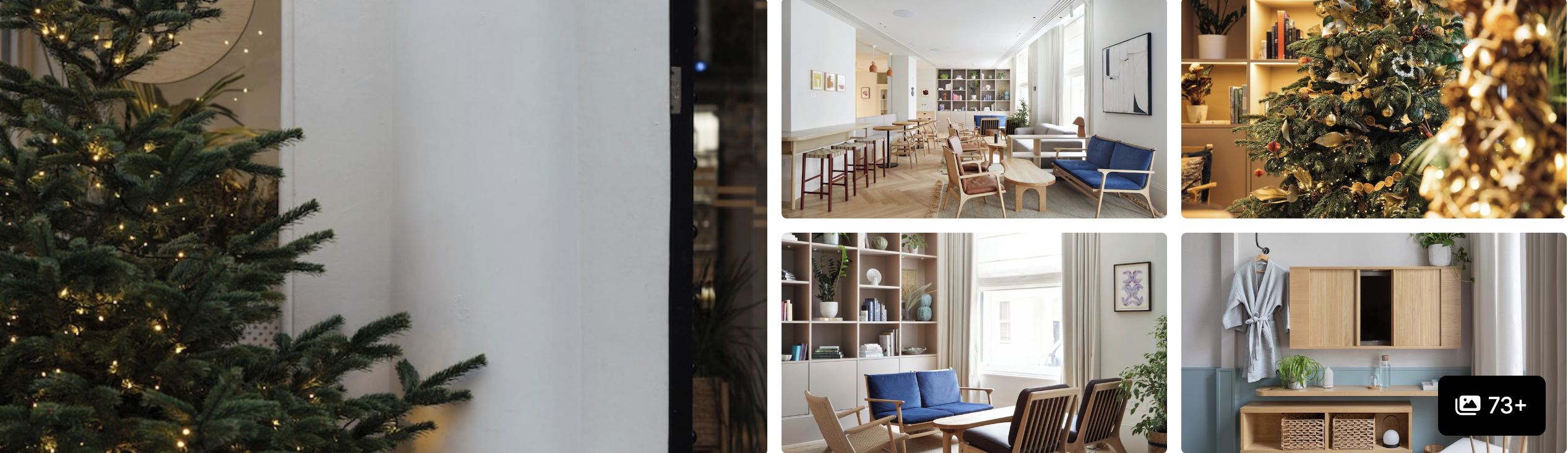 Photos of Inhabit, Southwick Street: marble-floored lobby with chandelier, lounge seating and decorated Christmas trees