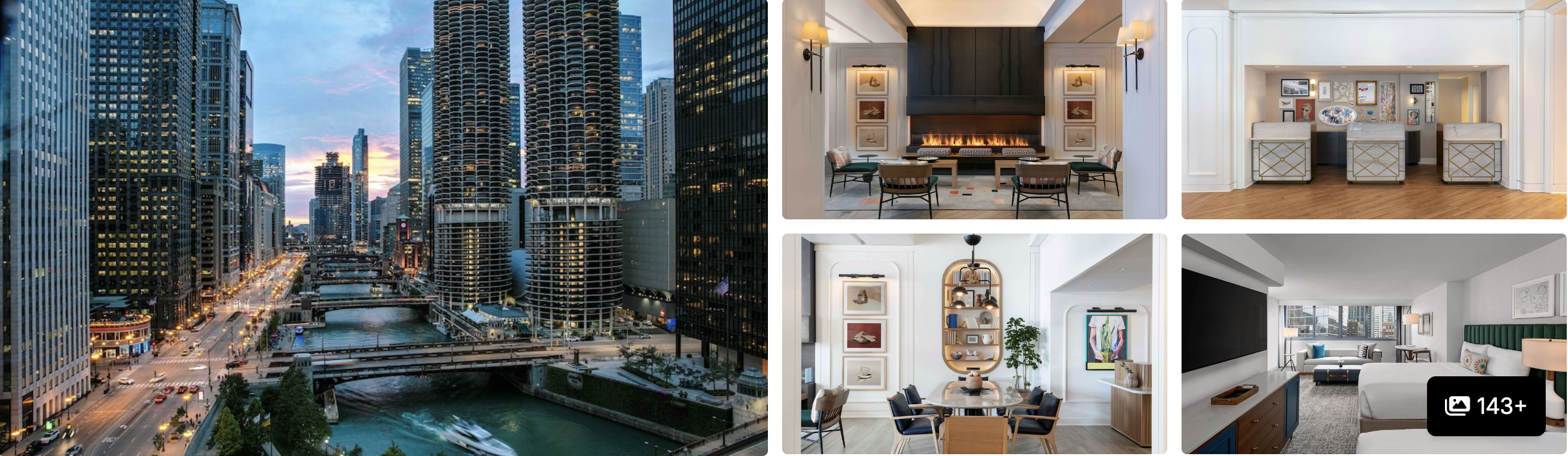 Photos of The Royal Sonesta Chicago Downtown: Chicago River and skyline at dusk, fireside lounge and modern guest suites