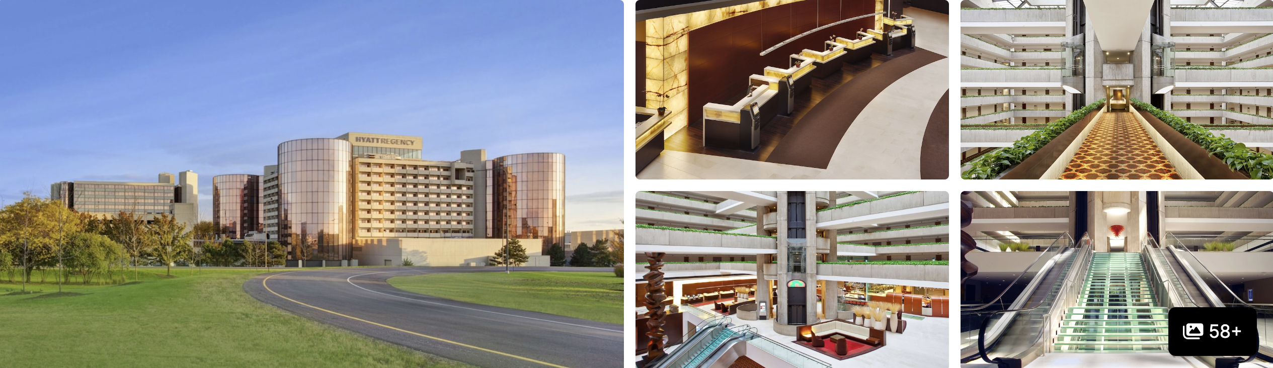 Photos of Hyatt Regency Chicago: curved hotel towers from the green, theater-style hall and multi-level atrium interiors
