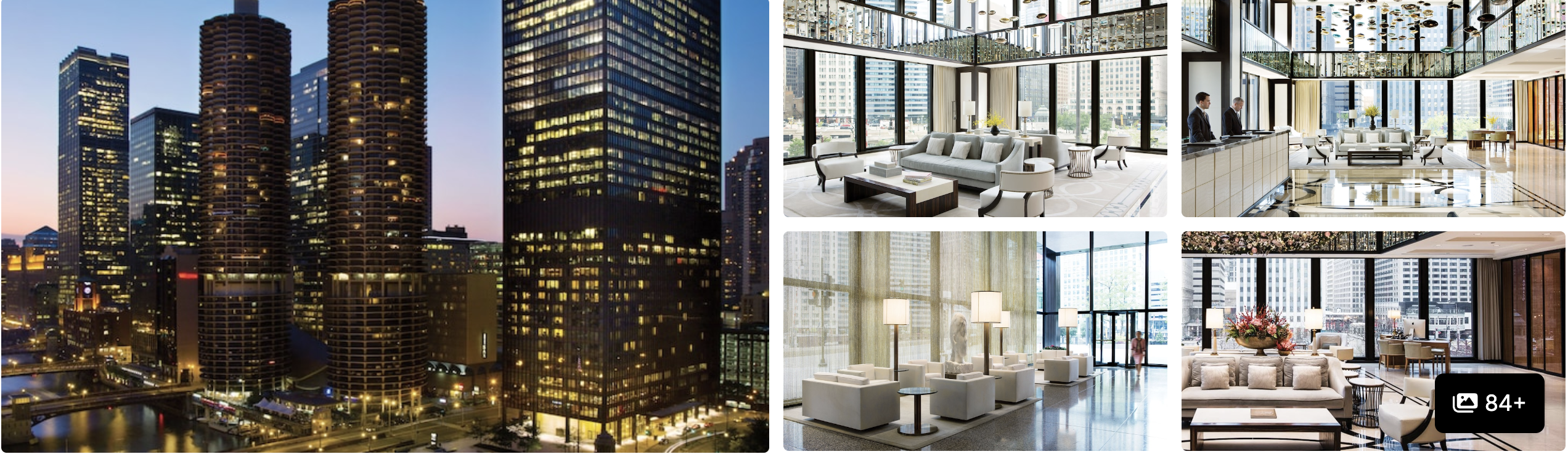 Photos of The Langham, Chicago: riverfront skyline tower at dusk, elegant lounge seating and marble suite interiors