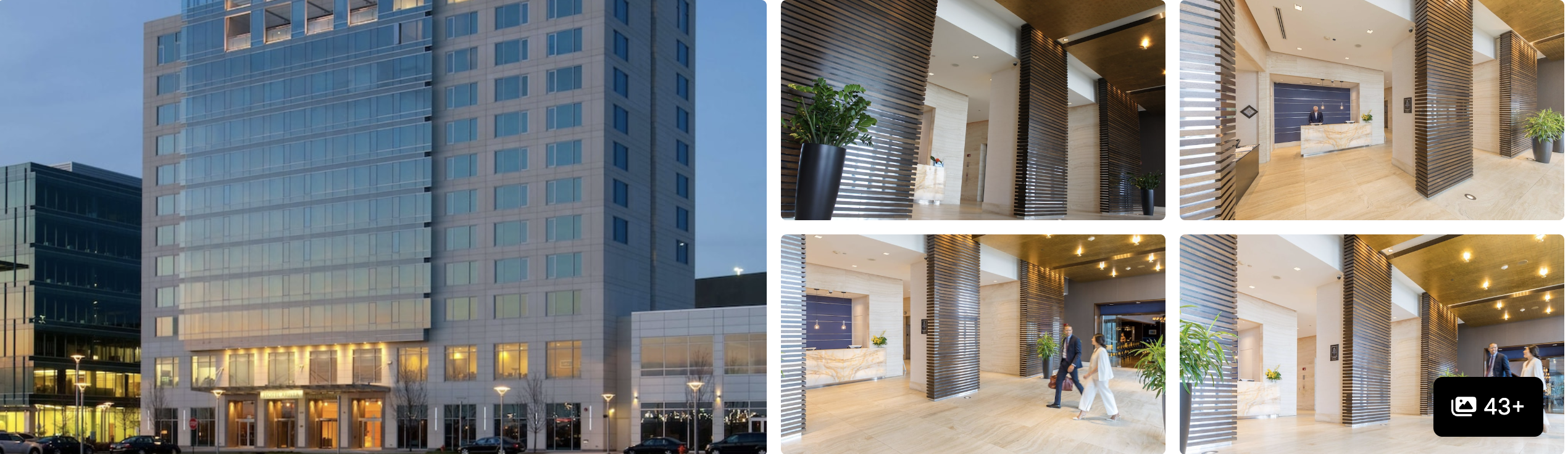 Photos of Hotel Arista, Chicago: glass tower exterior at dusk, wood-paneled lobby and reception area