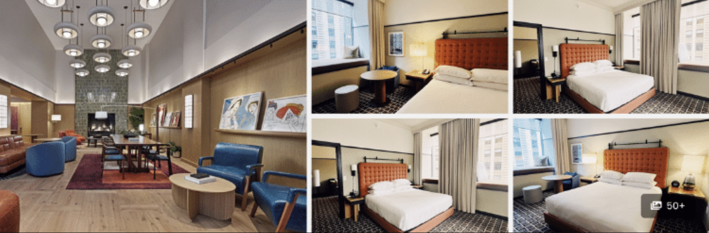 Photos of Kimpton Hotel, Chicago: chandelier-lit lounge with blue armchairs and guest rooms with orange headboards
