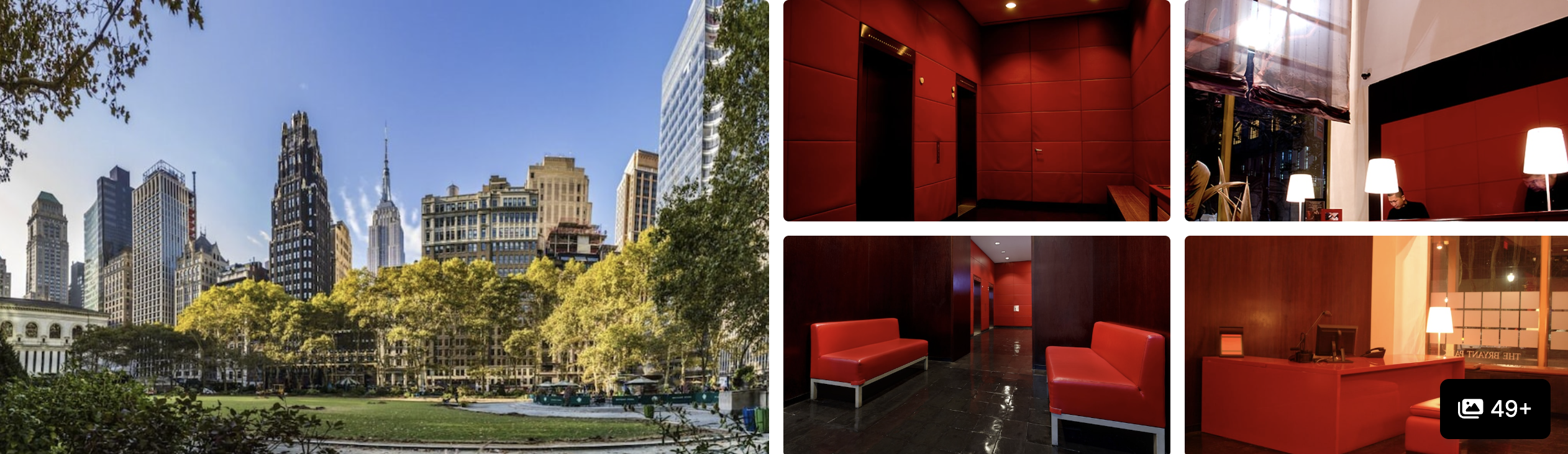 Photos near Bryant Park, Midtown Manhattan: park greenery with skyscrapers and a red-toned hotel lobby lounge