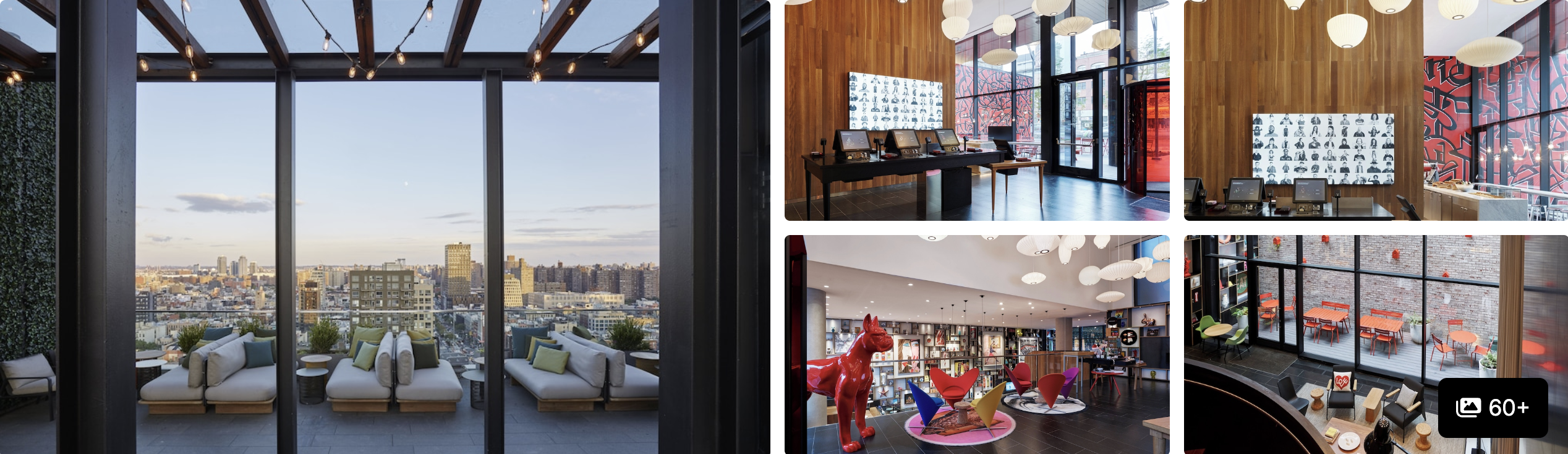 Photos of citizenM New York Bowery: rooftop lounge with city skyline at dusk and playful art-filled common areas