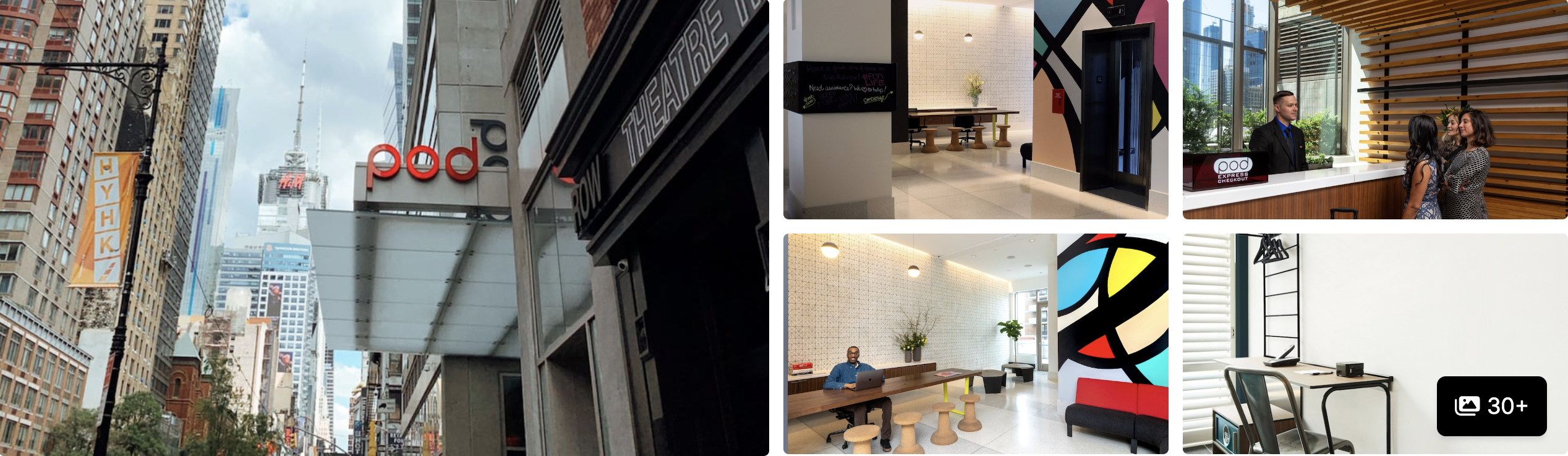 Photos of Pod Hotels Times Square: red pod sign on street facade, minimalist lobby with bold art and compact rooms