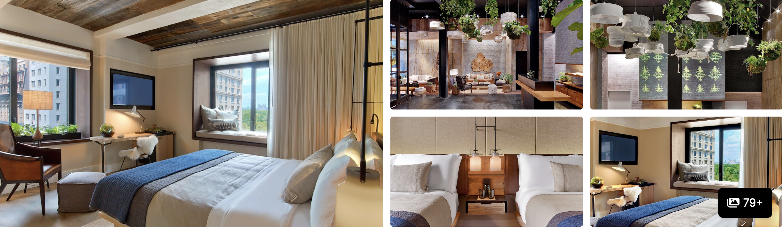 Photos of 1 Hotels Central Park: wood-beamed guest room with window seat, plant-draped lobby and bedrooms
