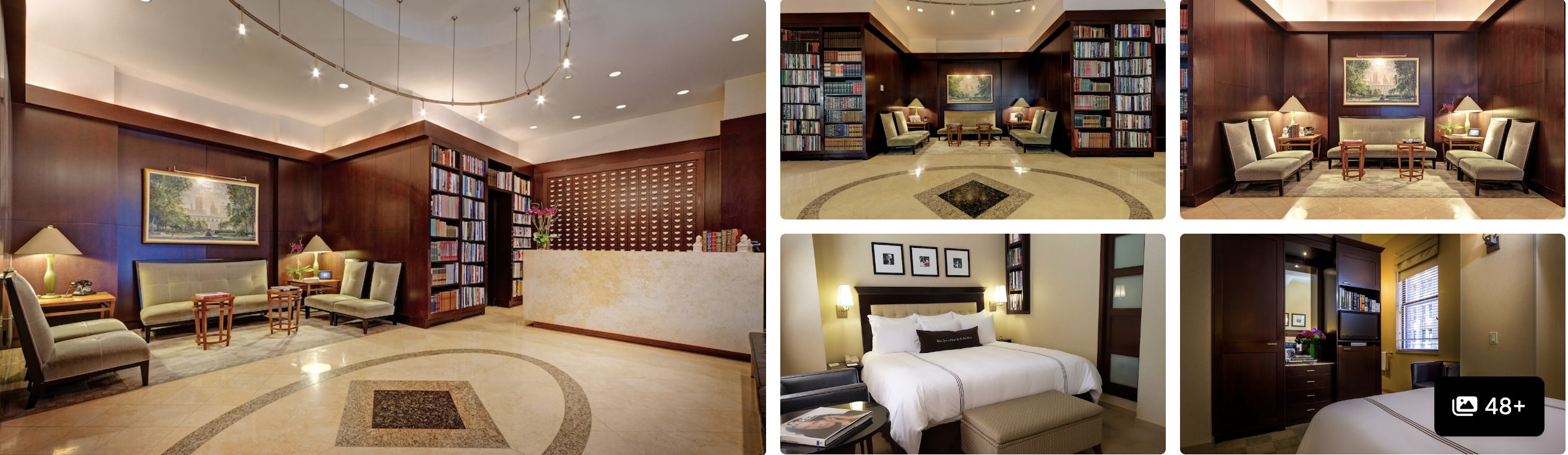 Photos of Library Hotel, Midtown Manhattan: wood-paneled lobby and reading lounge with bookshelves and guest rooms
