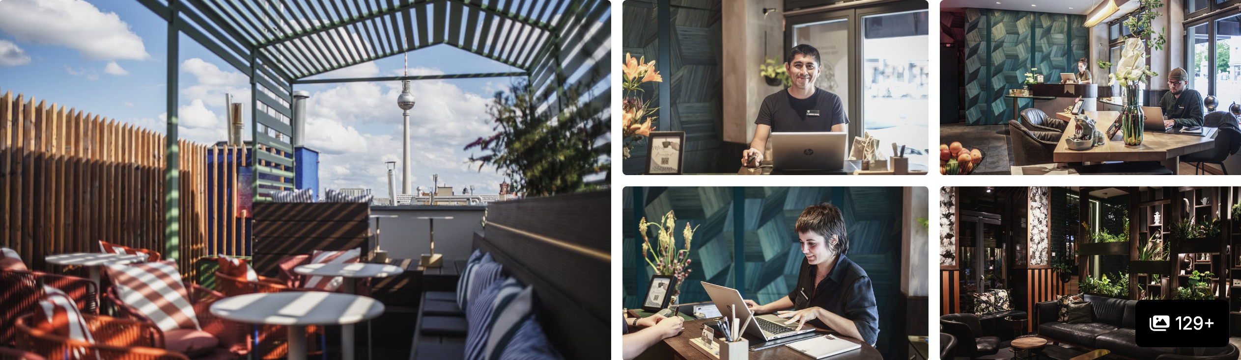 Photos of The Circus Hotel, Berlin: rooftop terrace with TV tower view, guests working on laptops and a leafy bar