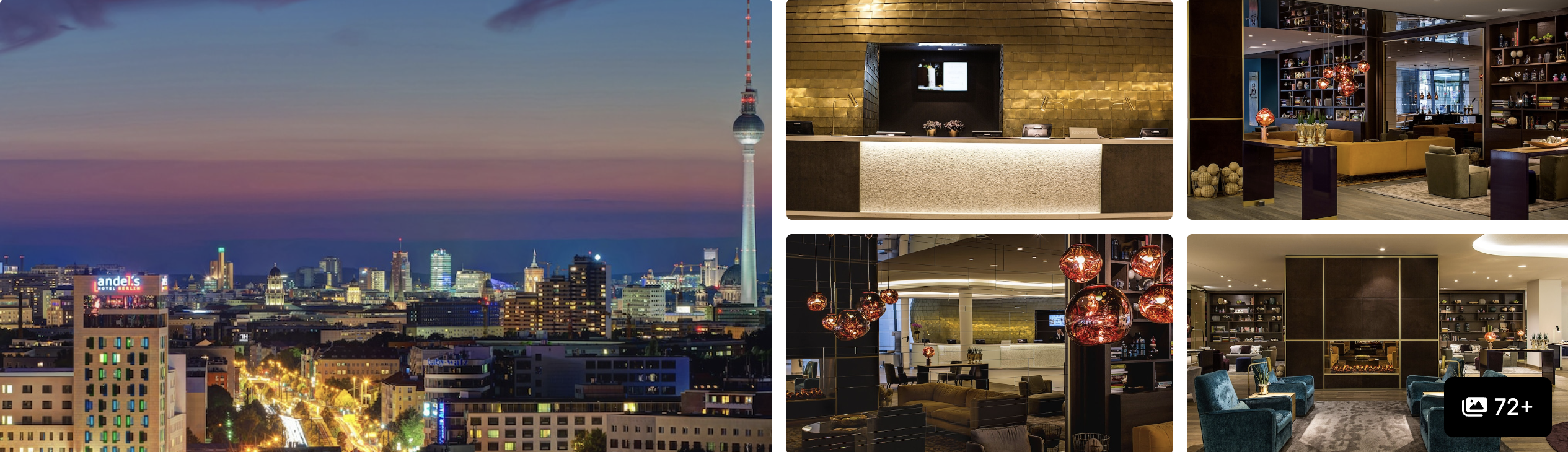 Photos of Vienna House Andel's Berlin: city skyline at dusk with the TV tower, gold-toned reception and warm-lit lounge bar