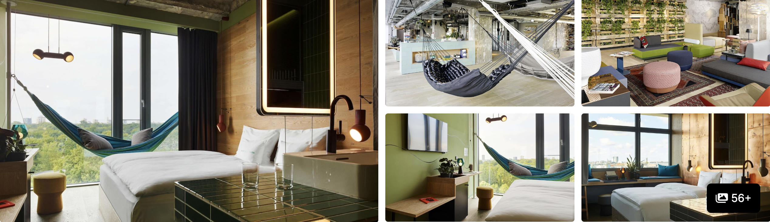 Photos of 25hours Hotel Bikini Berlin: guest room with a hammock and city view, greenhouse lounges and green-walled rooms