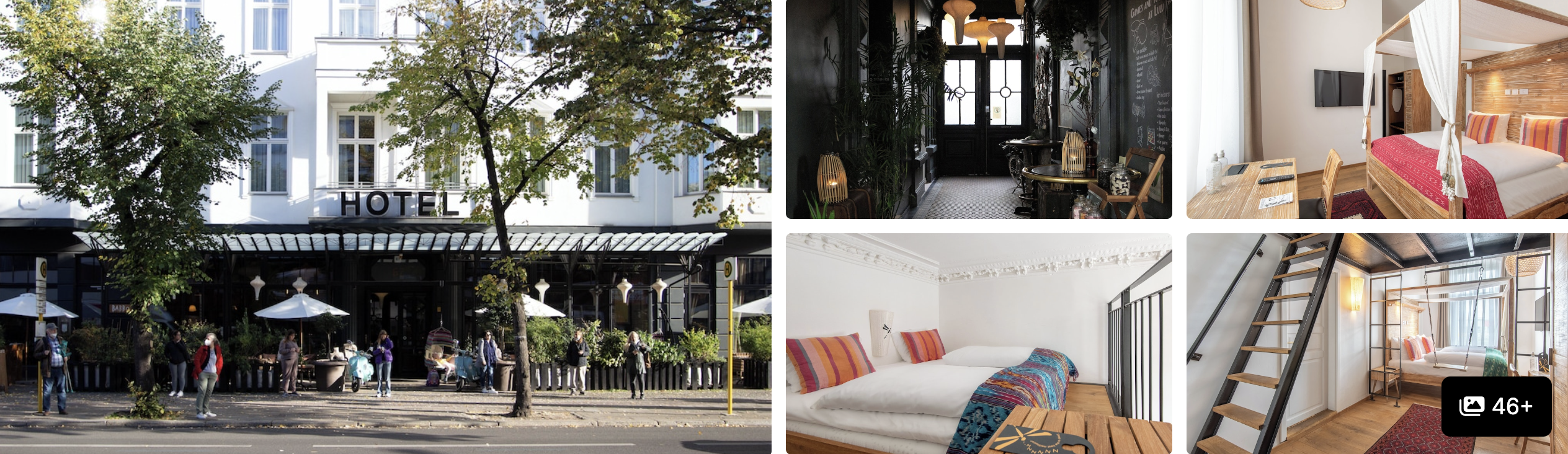 Photos of Hotel Lulu Guldsmeden, Berlin: leafy street facade with cafe terrace, dark bohemian bar and rustic four-poster rooms