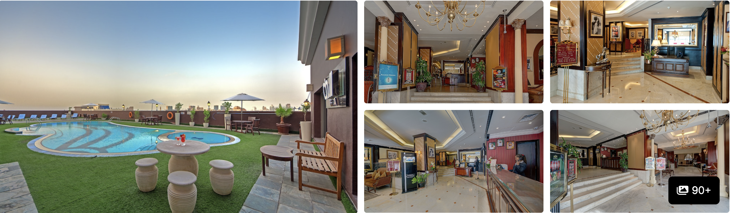 Photos of Ascot Hotel, Dubai: rooftop pool and lawn at dusk, ornate lobby and traditional-style interiors