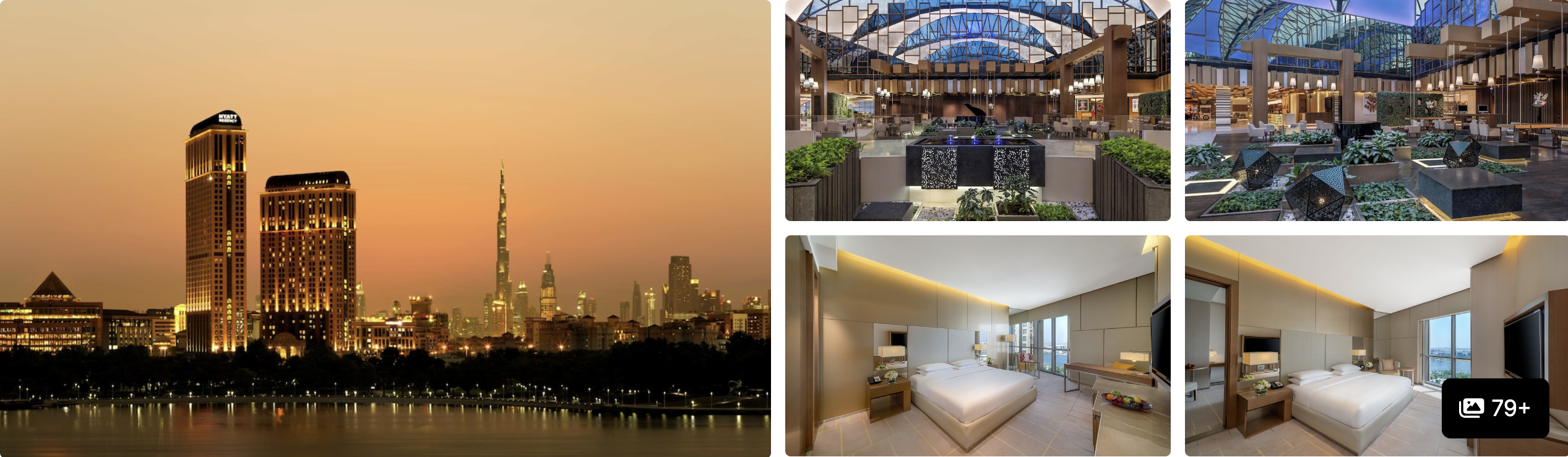 Photos of Hyatt Regency Dubai Creek Heights: city skyline at dusk, greenery-filled atrium and modern guest rooms