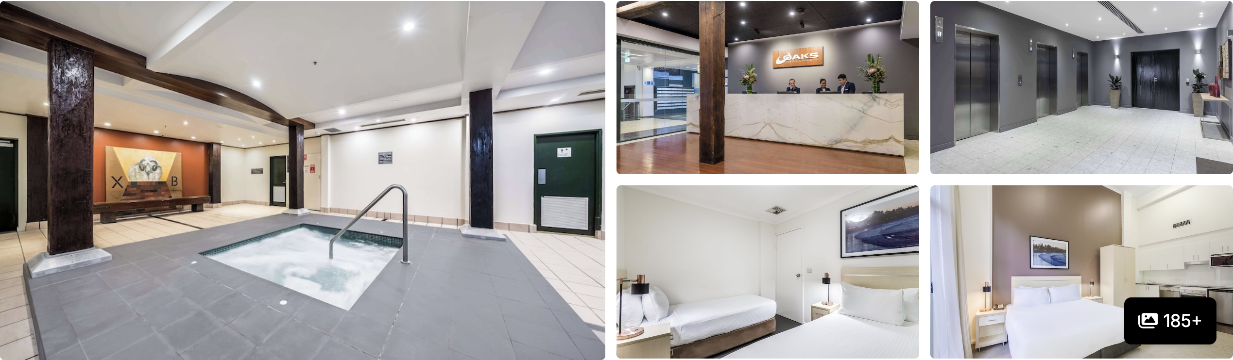 Photos of Oaks Sydney Goldsbrough Suites: indoor spa pool, heritage lobby with elevators and guest rooms