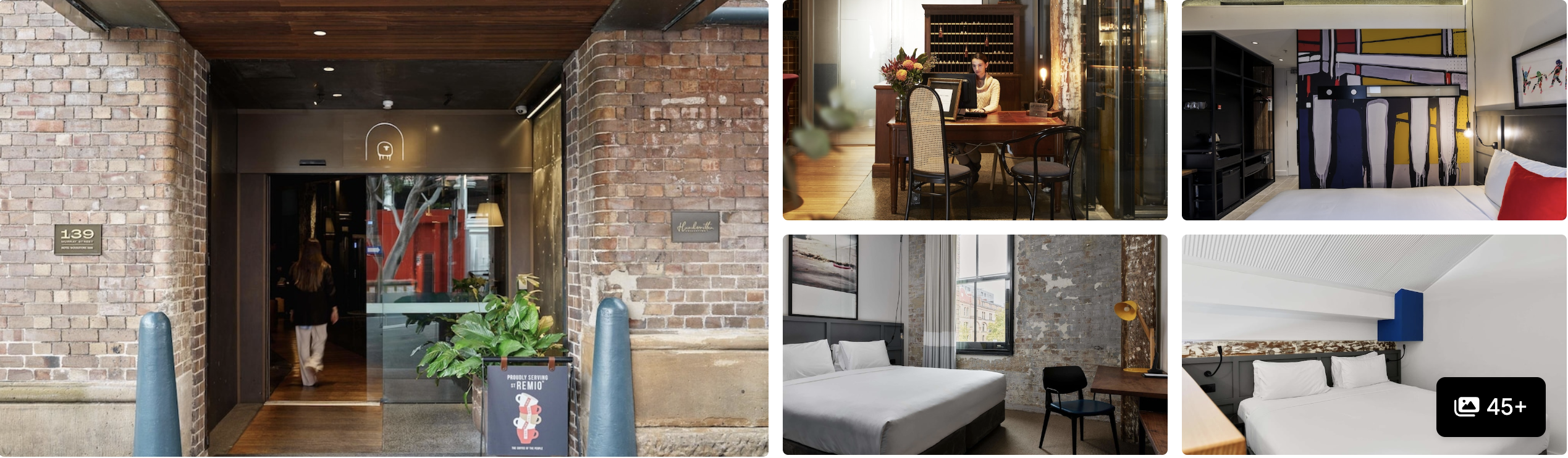 Photos of Hotel Woolstore 1888: brick warehouse entrance, exposed-brick lounge and minimalist guest rooms