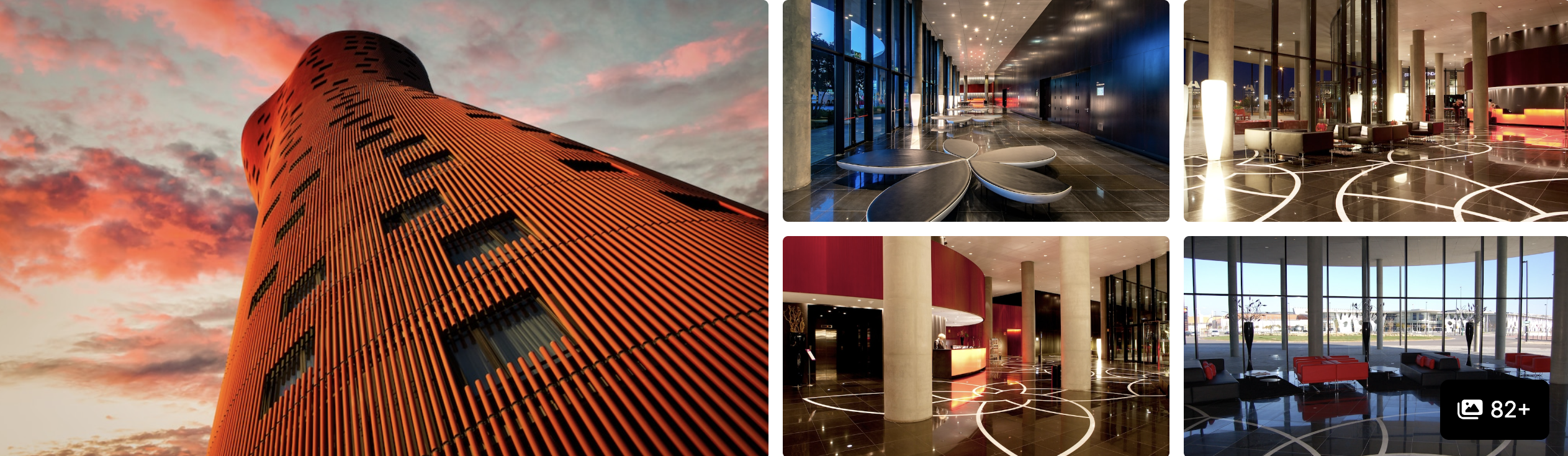 Photos of Hotel Porta Fira near Fira Barcelona: red leaning tower exterior at sunset, dark modern lobby and lounge seating