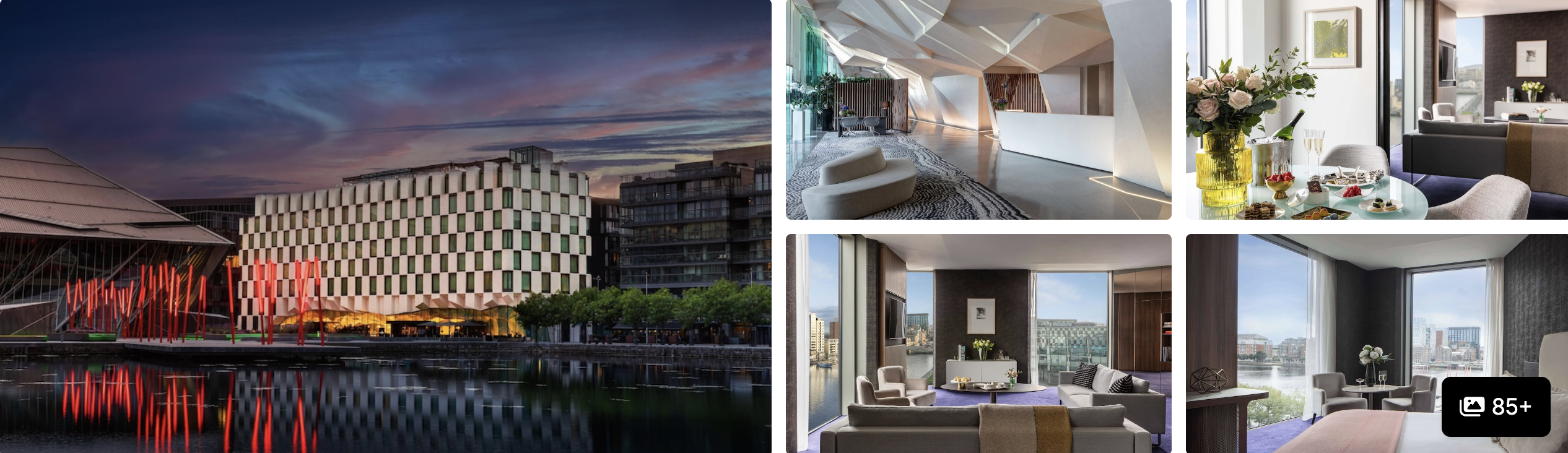 Photos of Anantara The Marker Dublin Hotel: checkerboard facade reflected in water, sculptural lobby and suites with city views