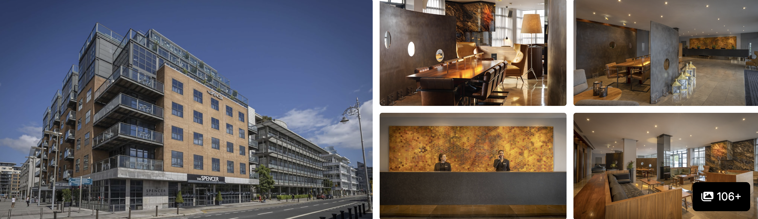 Photos of The Spencer Hotel, Dublin: glass-and-brick waterfront exterior, dining room, lobby art and lounge