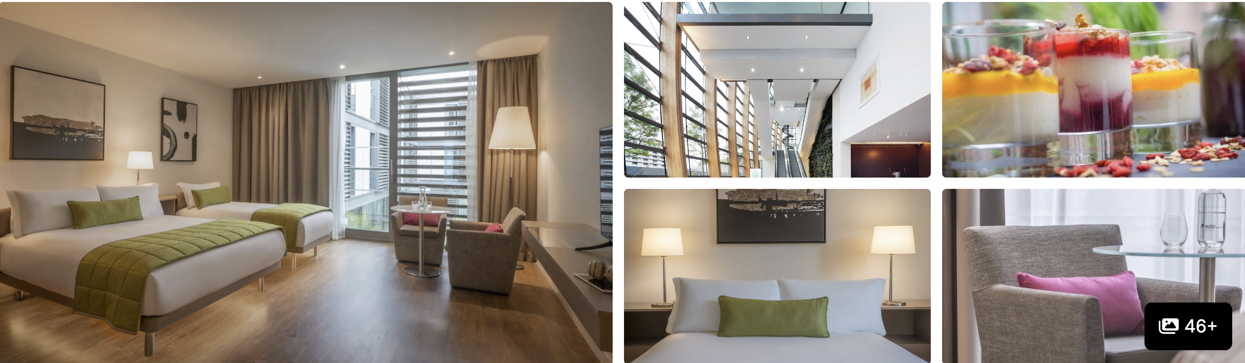 Photos of The Gibson Hotel, Dublin: bright twin guest rooms, breakfast spread and contemporary lounge seating