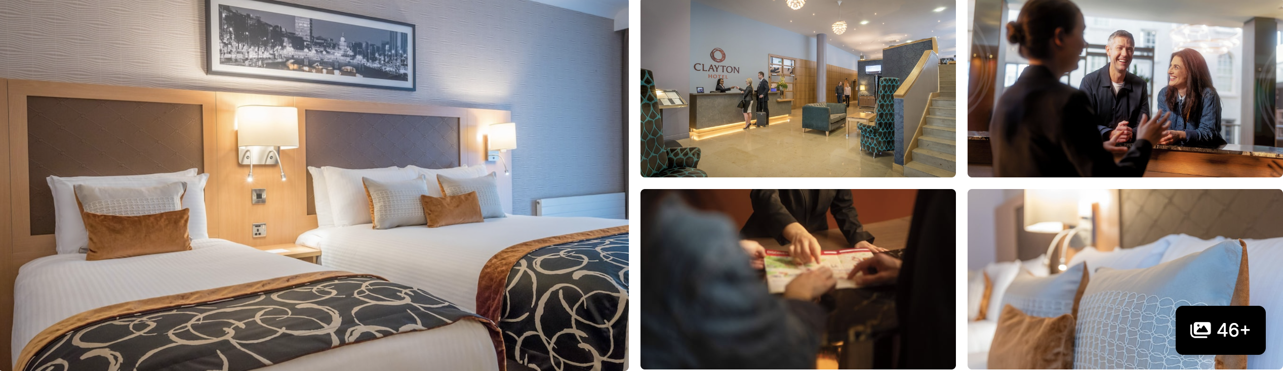 Photos of Clayton Hotel Cardiff Lane, Dublin: patterned twin guest room, reception lobby and guests at the bar
