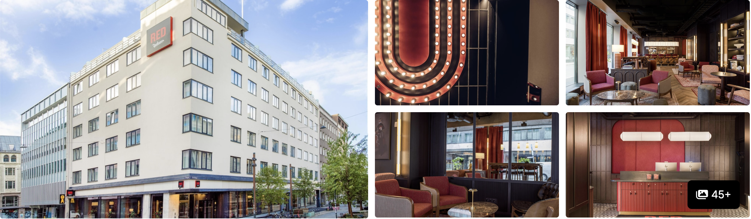Photos of Radisson RED Oslo City Centre: white facade, bold red lounge ceiling and seating areas