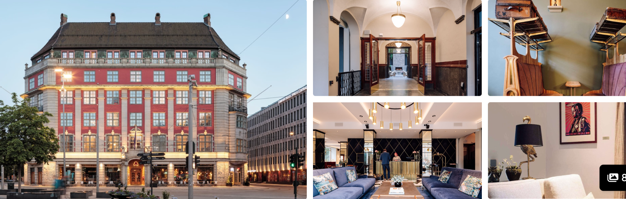 Photos of Amerikalinjen Boutique Hotel, Oslo: brick facade at dusk, lobby, bar and guest rooms