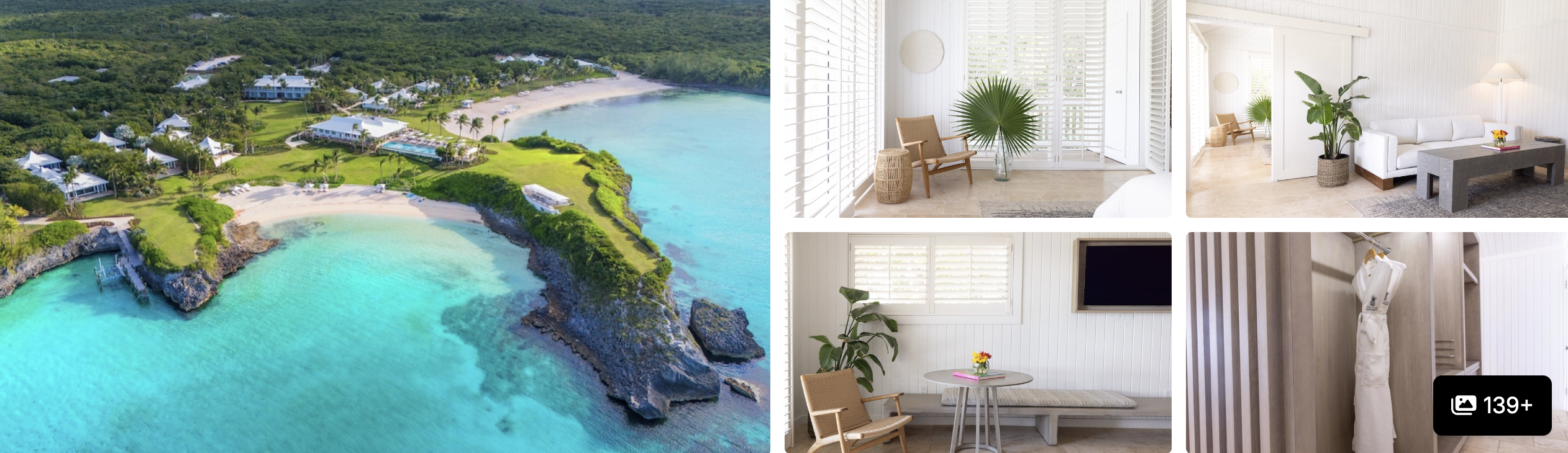 Photos of a Harbour Island resort, Bahamas: clifftop grounds, turquoise cove and airy white guest rooms