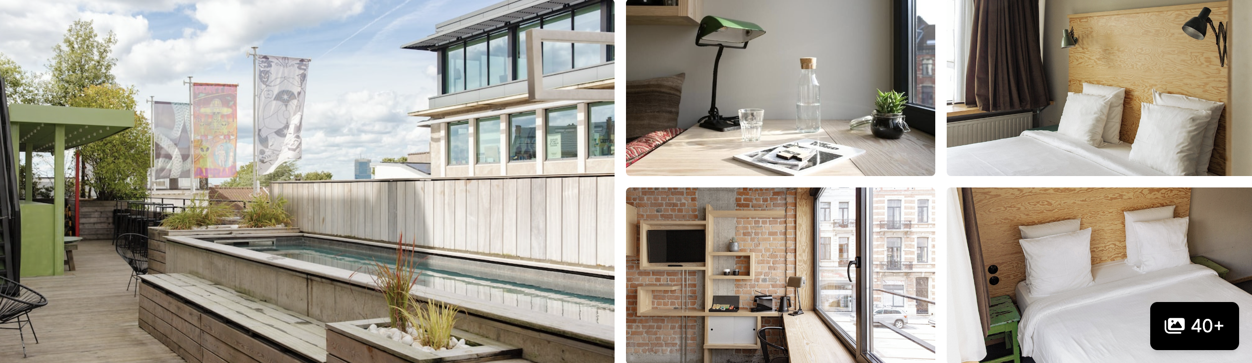 Photos of Jam Hotel, Brussels: rooftop terrace with banner flags and pool, desk nook with city view and bright guest rooms