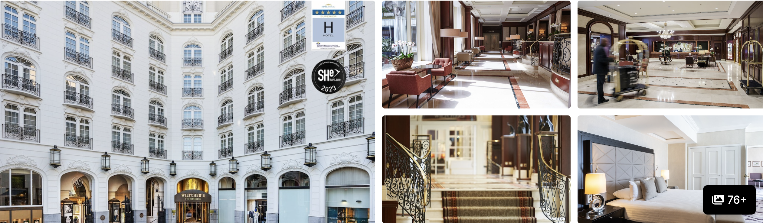 Photos of Steigenberger Wiltcher's, Brussels: ornate white facade and courtyard, classic lobby, grand staircase and guest room