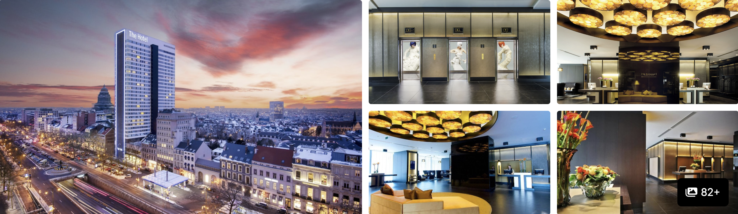 Photos of The Hotel Brussels: high-rise tower over the city at dusk, lift lobby, dramatic lit lounge and floral reception