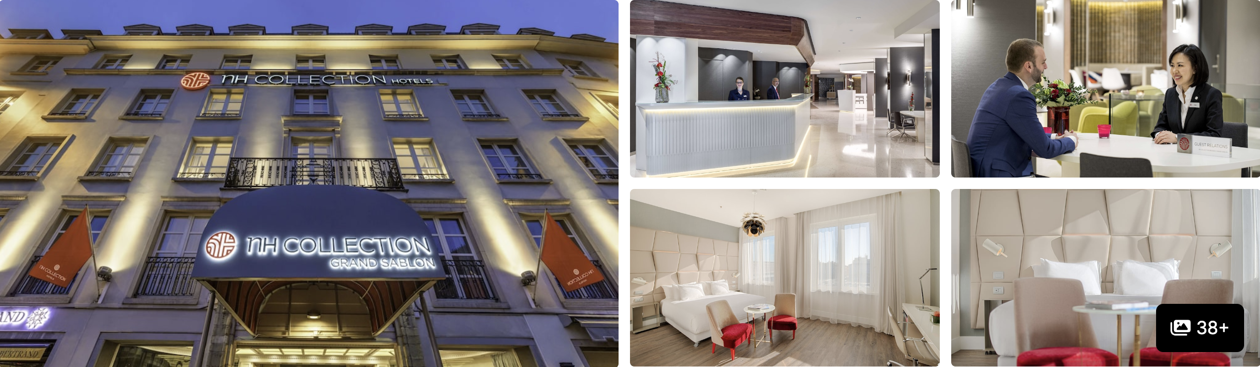 Photos of NH Collection Brussels Grand Sablon: illuminated stone facade, reception with staff and white guest rooms with red accents